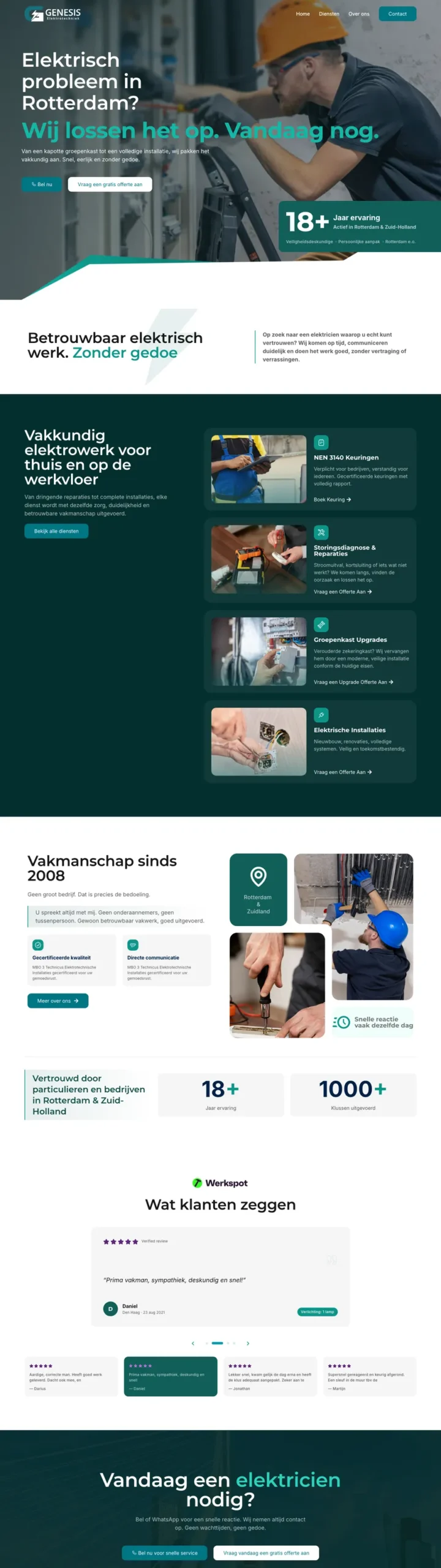 De volledige homepage van Genesis Elektrotechniek, gemaakt door De Digitale Timmerman