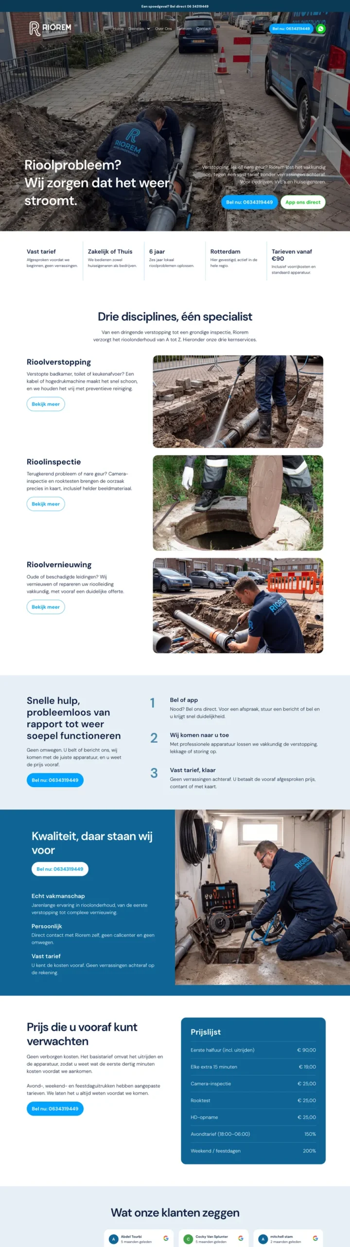 De volledige homepage van Riorem, gemaakt door De Digitale Timmerman